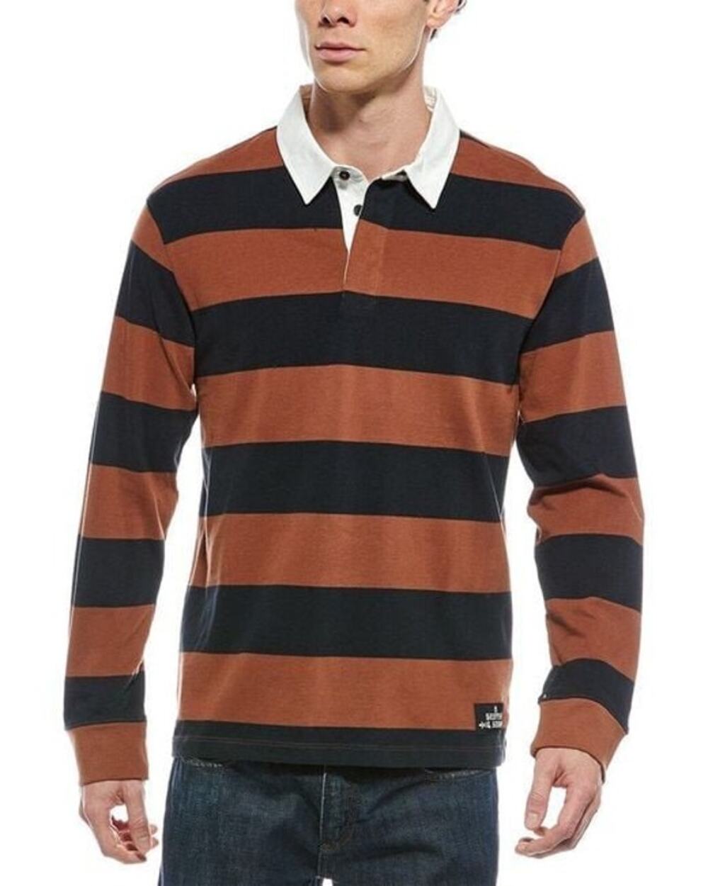 Scotch & Soda Striped Structured Knitted Polo Rugby Shirt in Brown, Medium